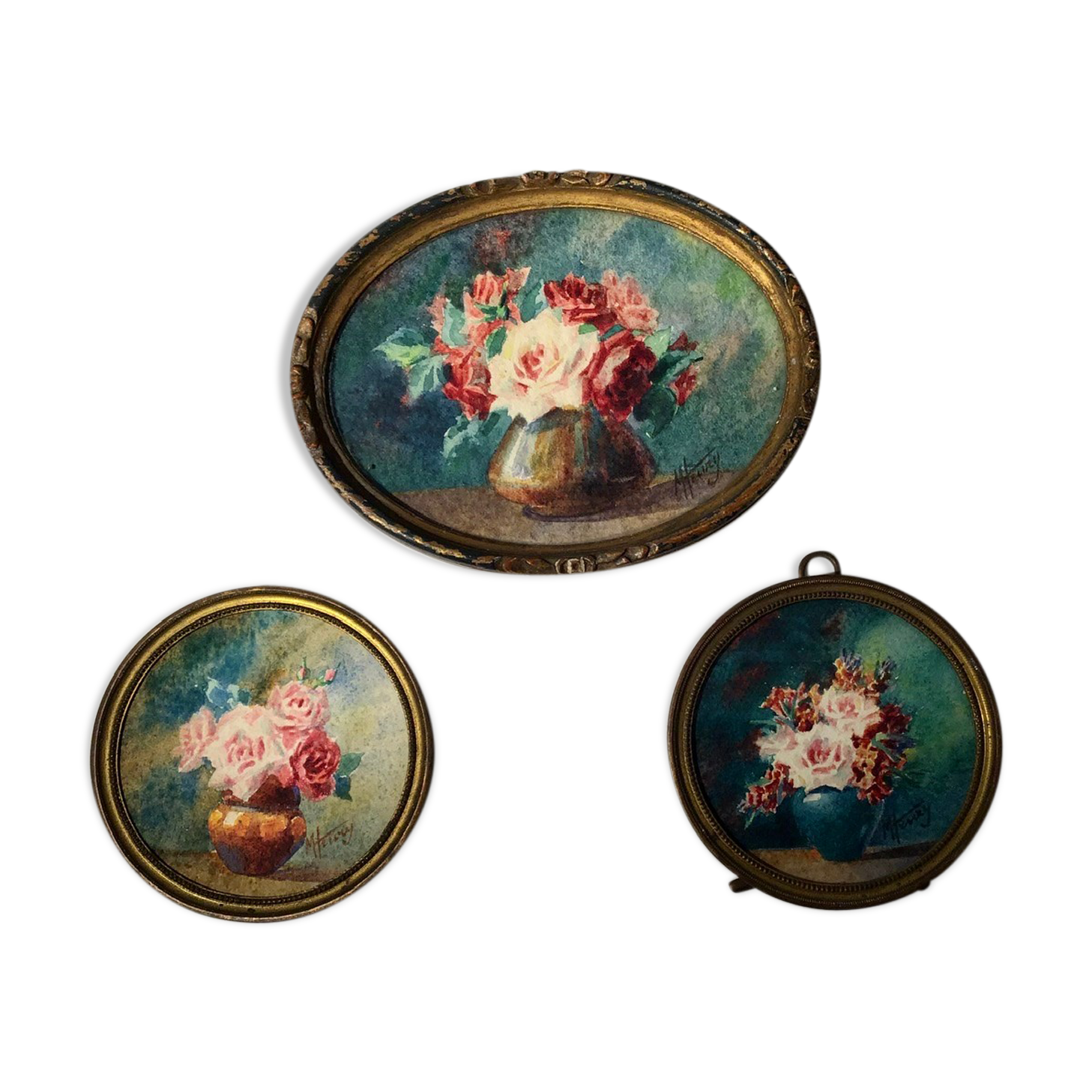 Three old paintings, still lifes with bouquets of roses, signed M Henry