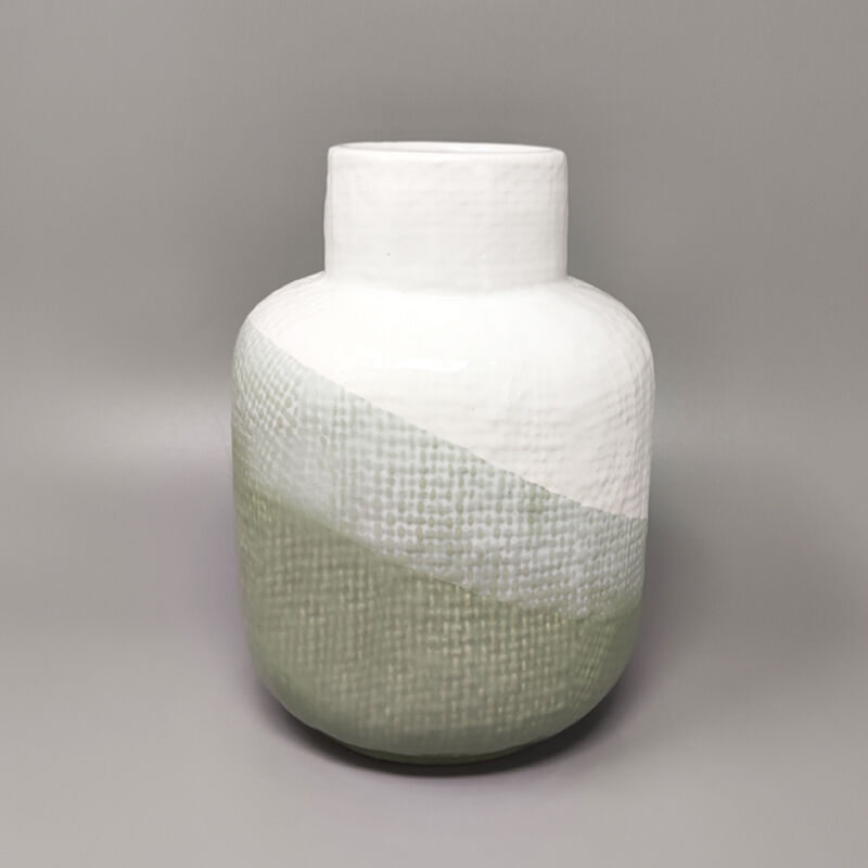 1970s Gorgeous Green And White Vase in Ceramic by F.lli Brambilla. Made in Italy