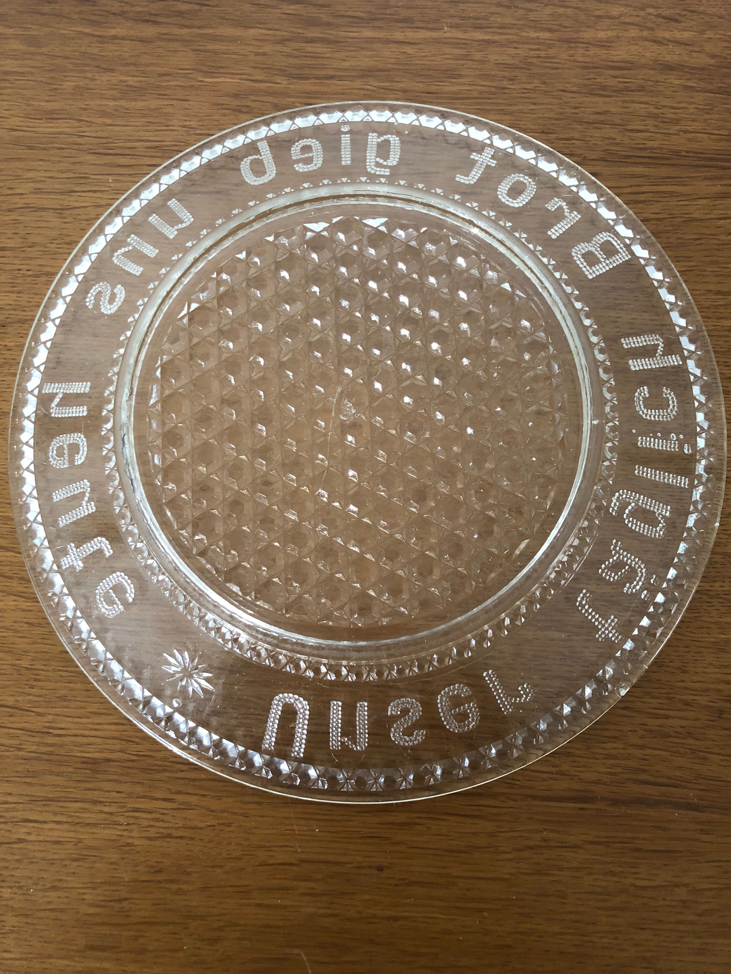 Cut glass cheese dish with inscription in German