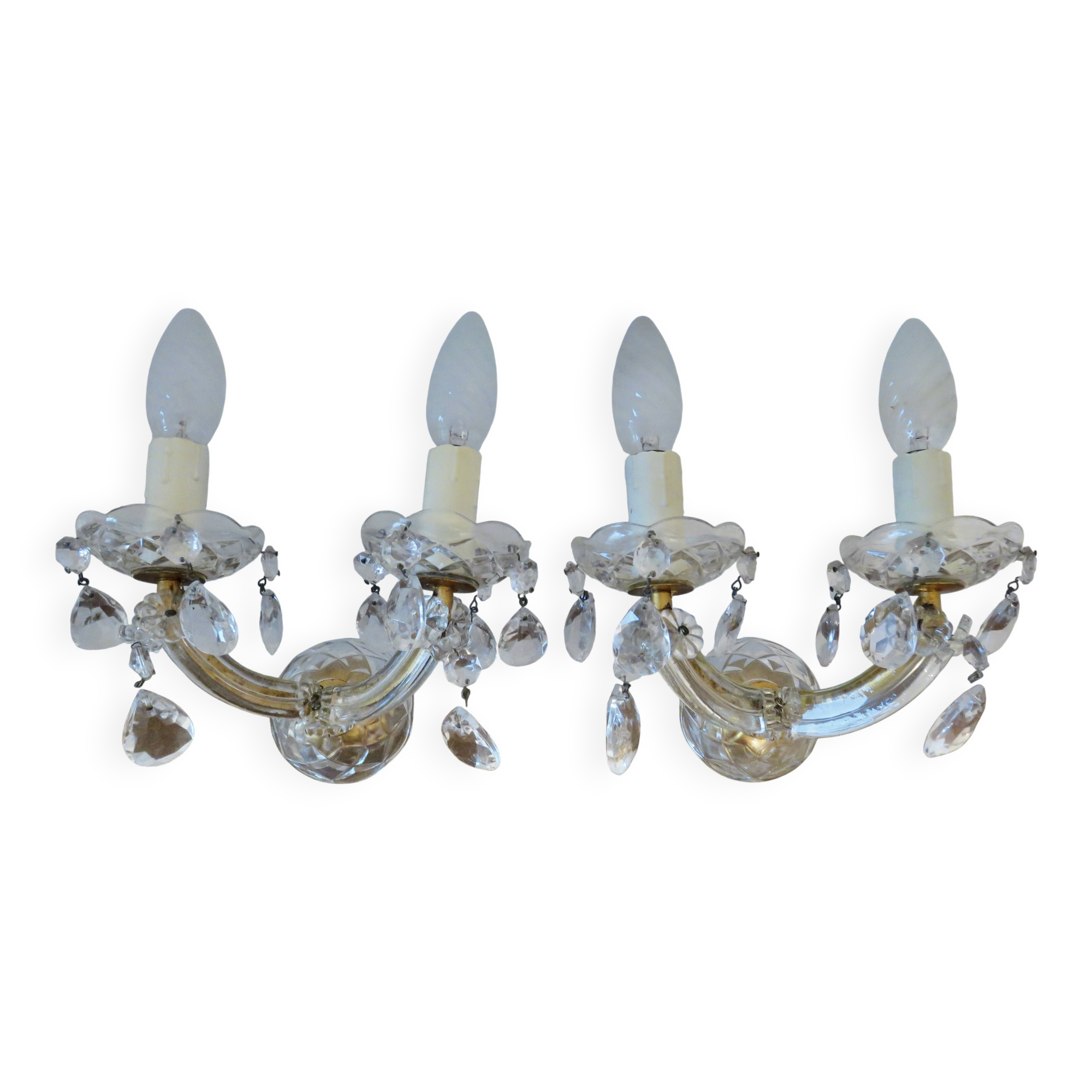pair of double wall sconces with crystal pendants, made in Italy