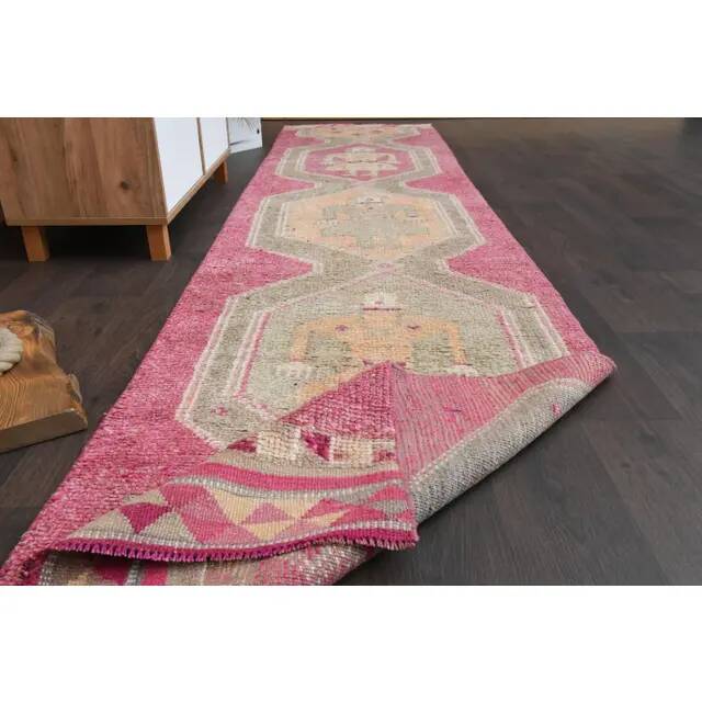 Vintage Turkish Oushak handmade wool cotton pink runner rug 85x370