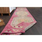 Vintage Turkish Oushak handmade wool cotton pink runner rug 85x370
