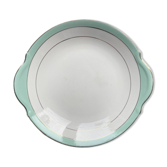 Plat à gâteau à oreille BADONVILLIER en porcelaine blanche verte dorée