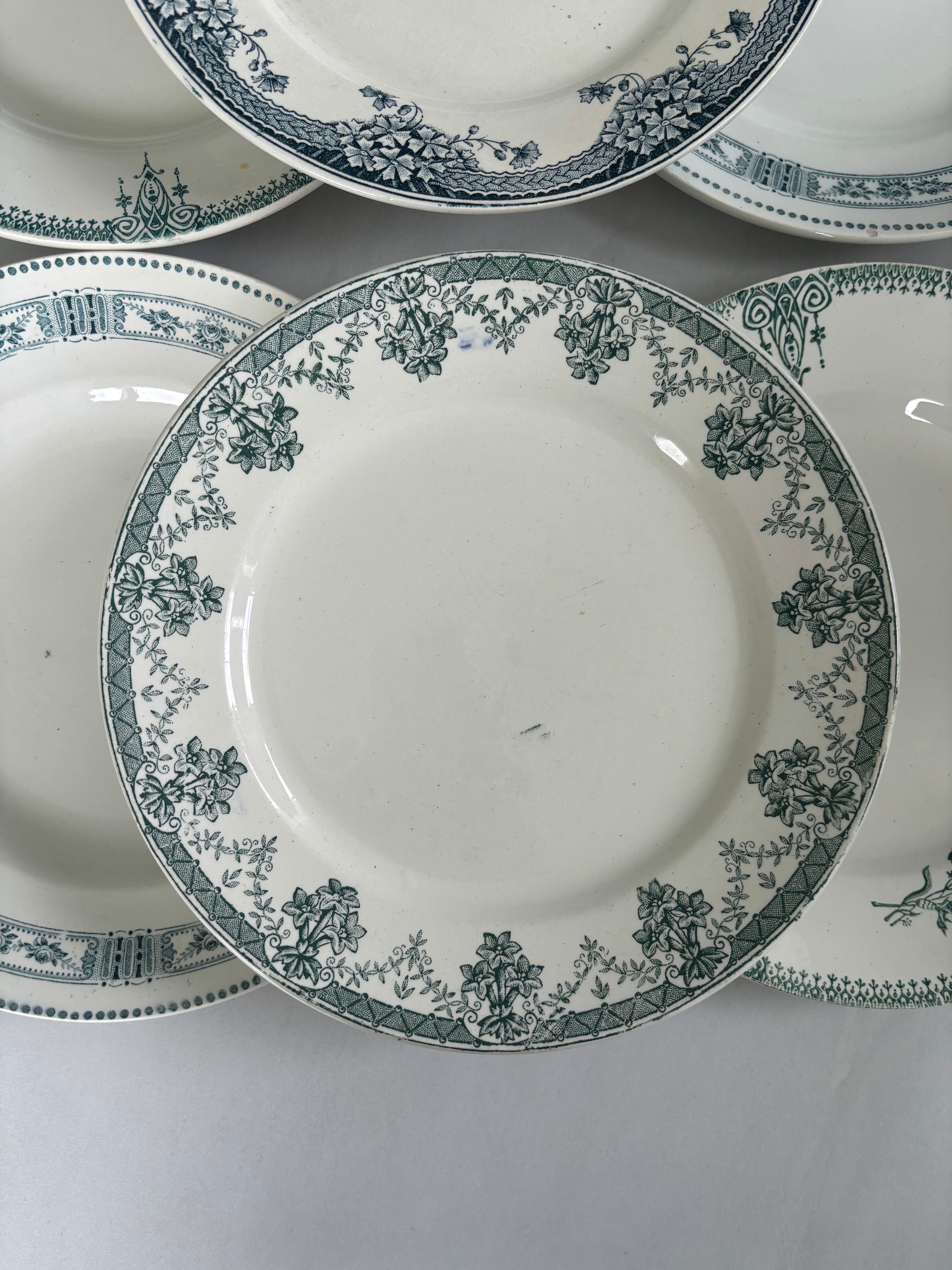Lot 6 blue and green ironstone plates, antique French earthenware.