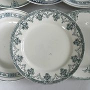 Lot 6 blue and green ironstone plates, antique French earthenware.