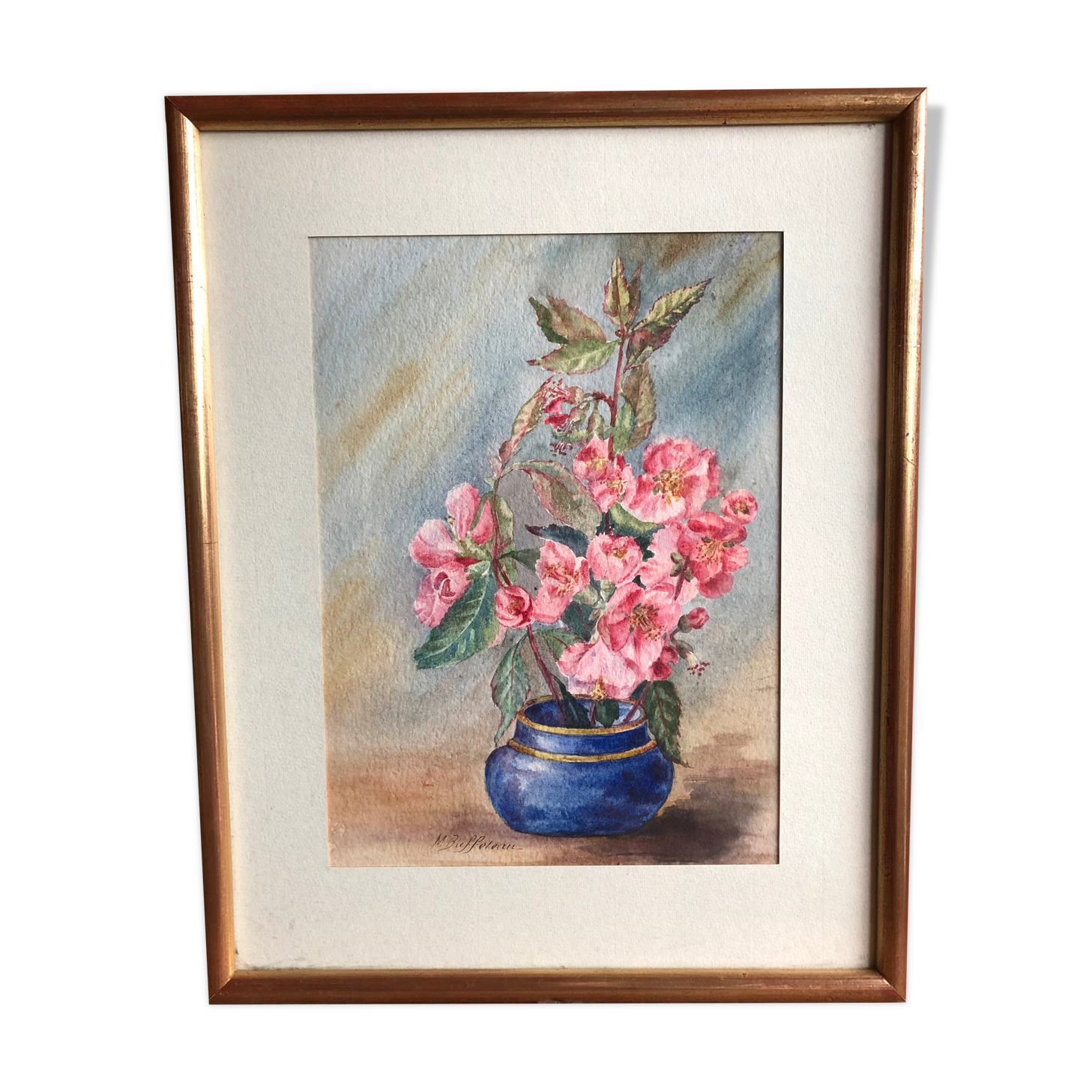 Watercolor painting m. buffeteau bouquet flowers signed & frame gilded wood vintage