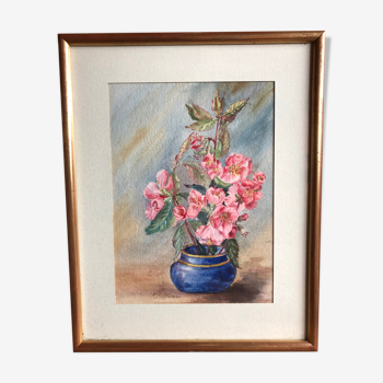 Tableau aquarelle m. buffeteau bouquet fleurs signée & cadre bois doré vintage