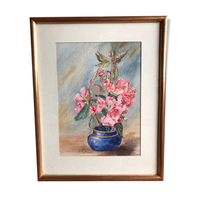 Tableau aquarelle m. buffeteau bouquet fleurs signée & cadre bois doré vintage