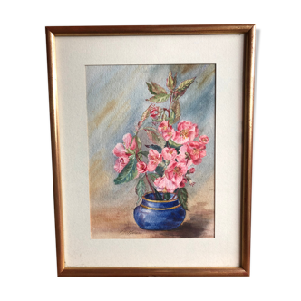 Watercolor painting m. buffeteau bouquet flowers signed & frame gilded wood vintage