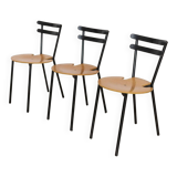 Set of 3 Italian mid-century chairs in black steel frame and natural wood seats - stackable, 1970s