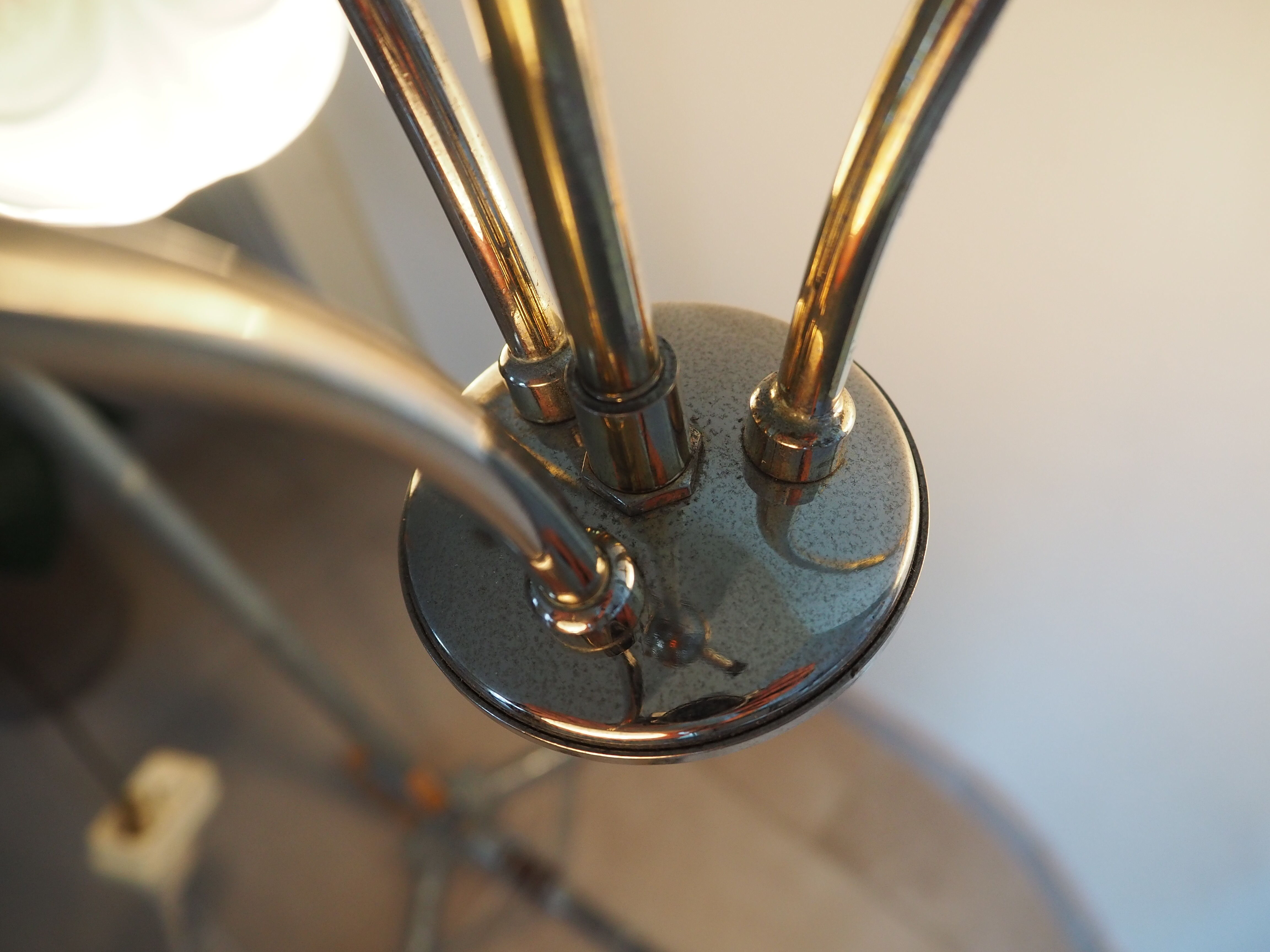 3-light pendant light in brass and white glass globe from the 1950s-1960s