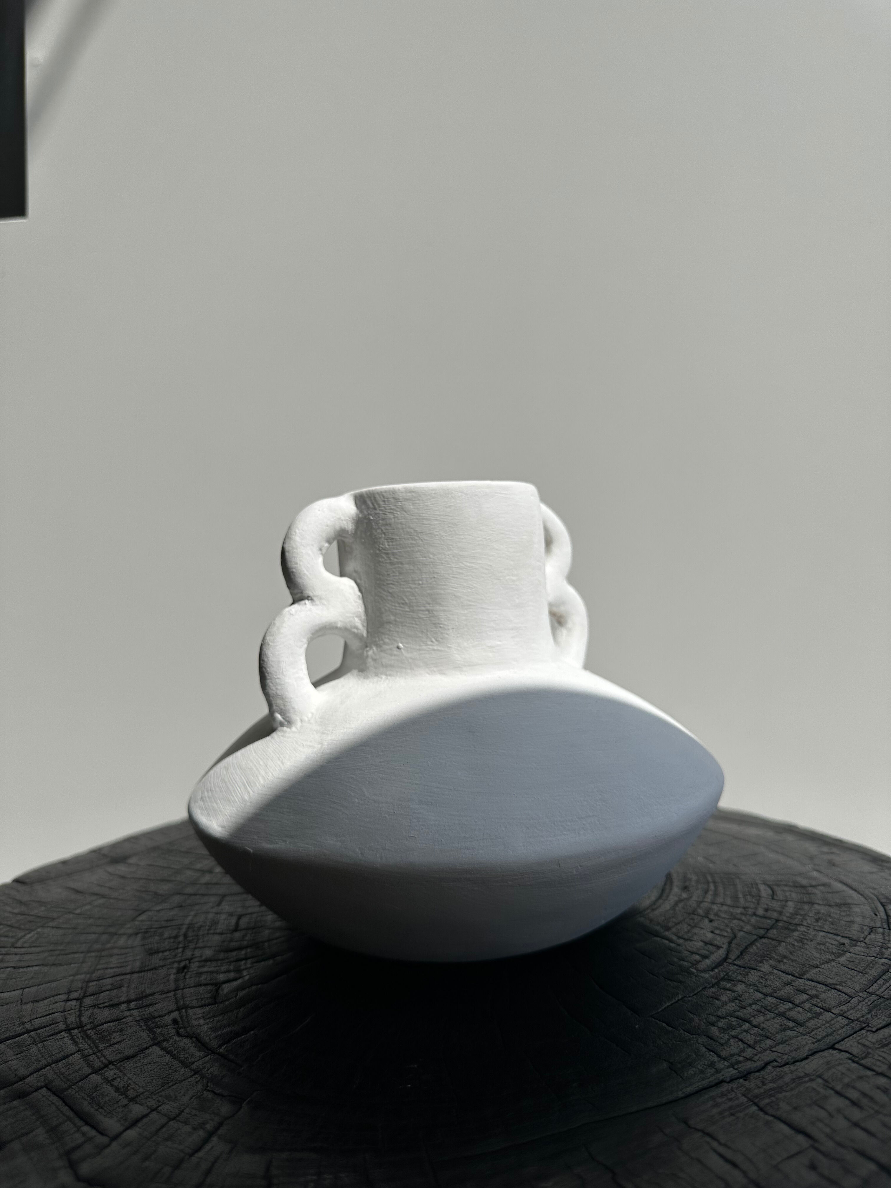 Handmade terracotta vase painted white with double handles H:16 D:20