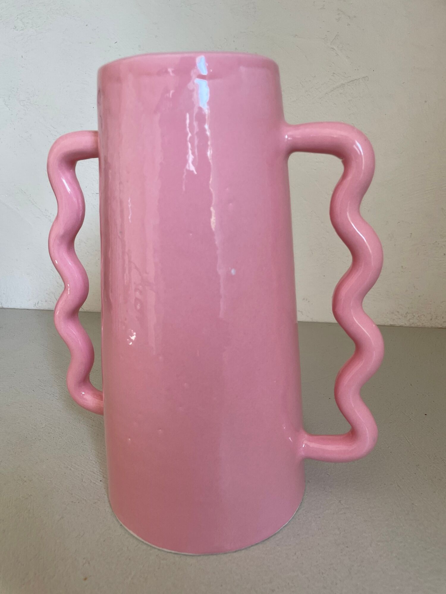 Handmade abstract corrugated handle pink ceramic vase