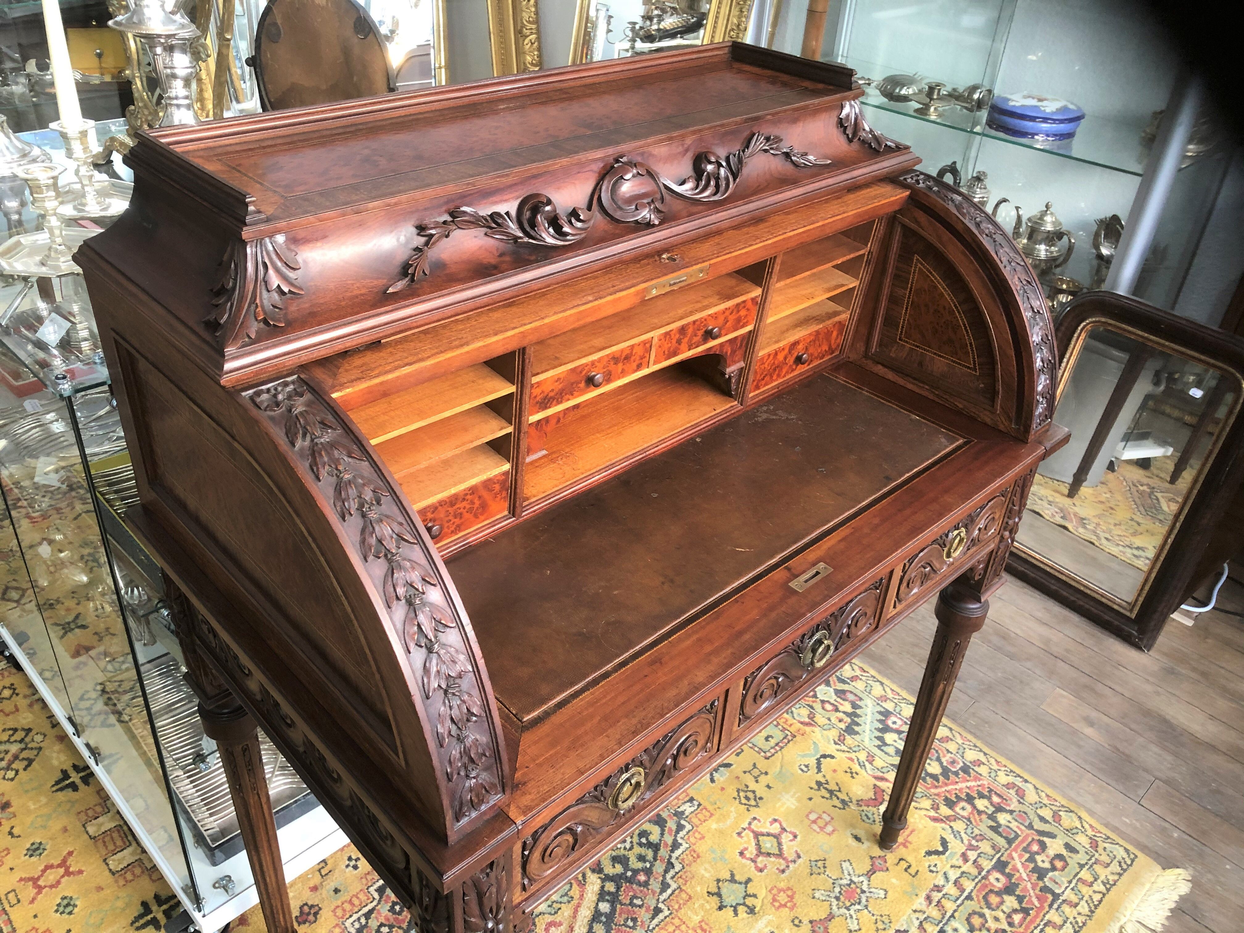 Old louis XVI style cylinder office Scriban Secretary in solid wood and marquetry