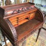 Ancien bureau à cylindre de style Louis XVI Scriban Secrétaire en bois massif et marqueterie