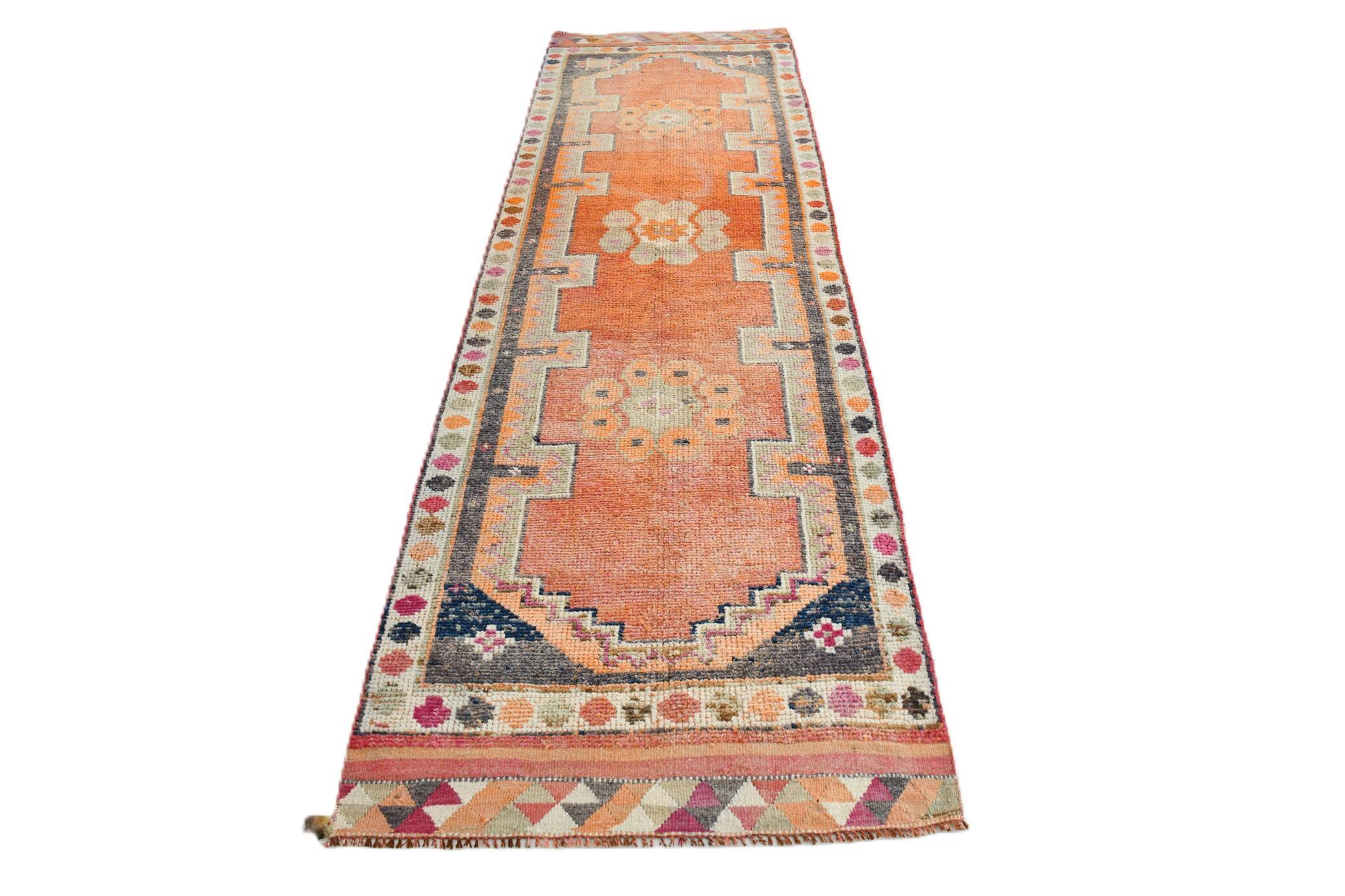 3x11 Turkish Navy Blue & Orange Vintage Runner Rug, 101x339Cm