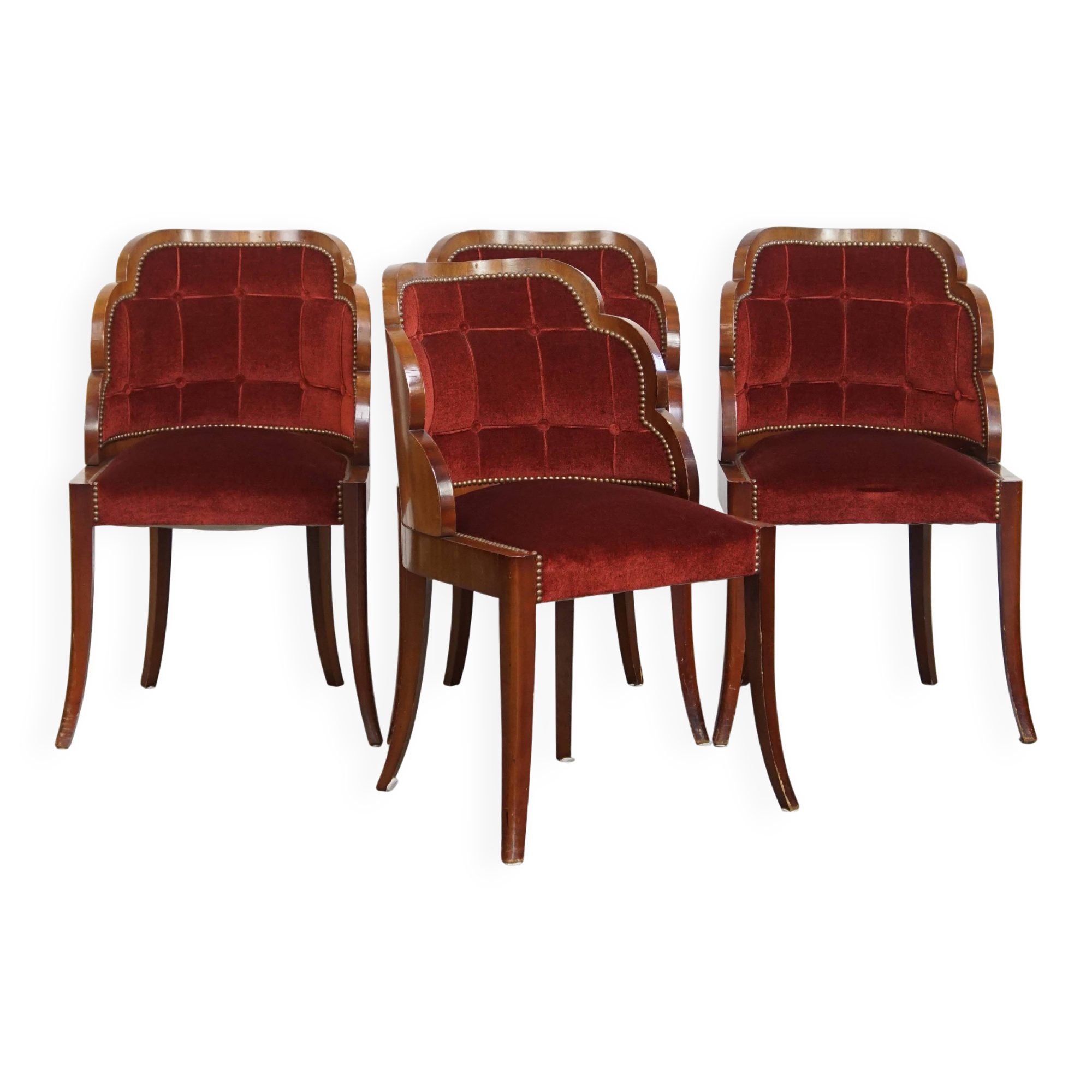 Set of 4 Art Deco Dining Chairs with Red Upholstery and Wooden Backs