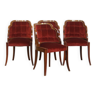 Ensemble de 4 chaises de salle à manger Art déco en tissu rouge et bois