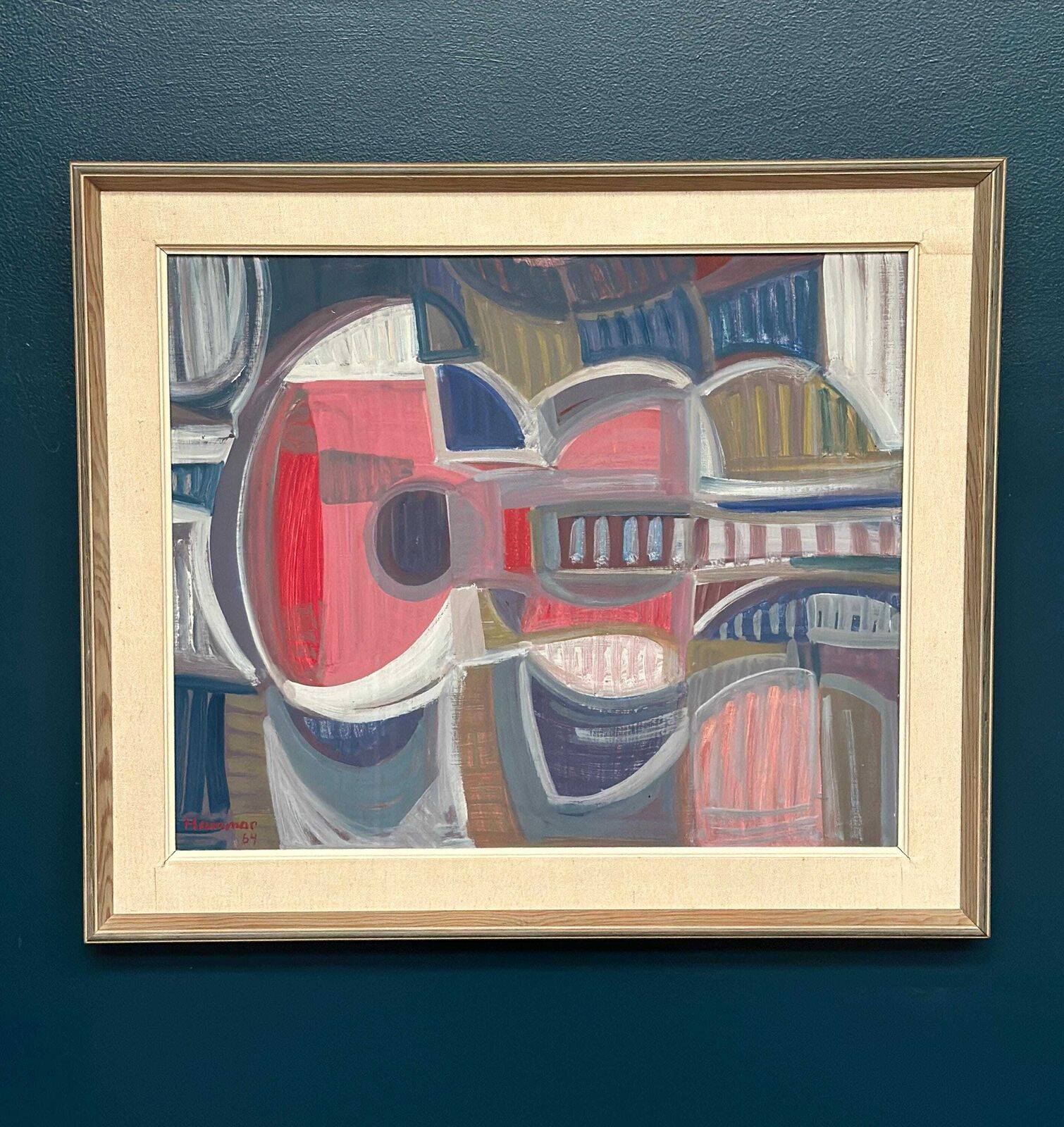 Huile sur panneau originale suédoise – « Guitare » par Ingemar Hammar – Datée de 1964 – Vintage et encadrée