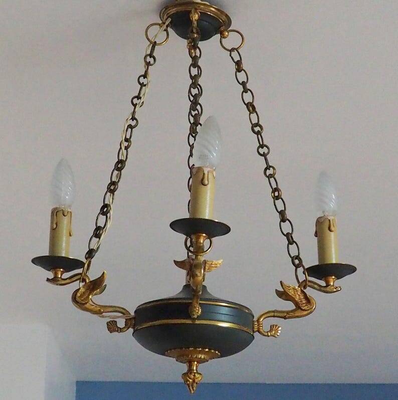Vintage French Empire Swan Chandelier: Bronze Brass Toleware, C1950s