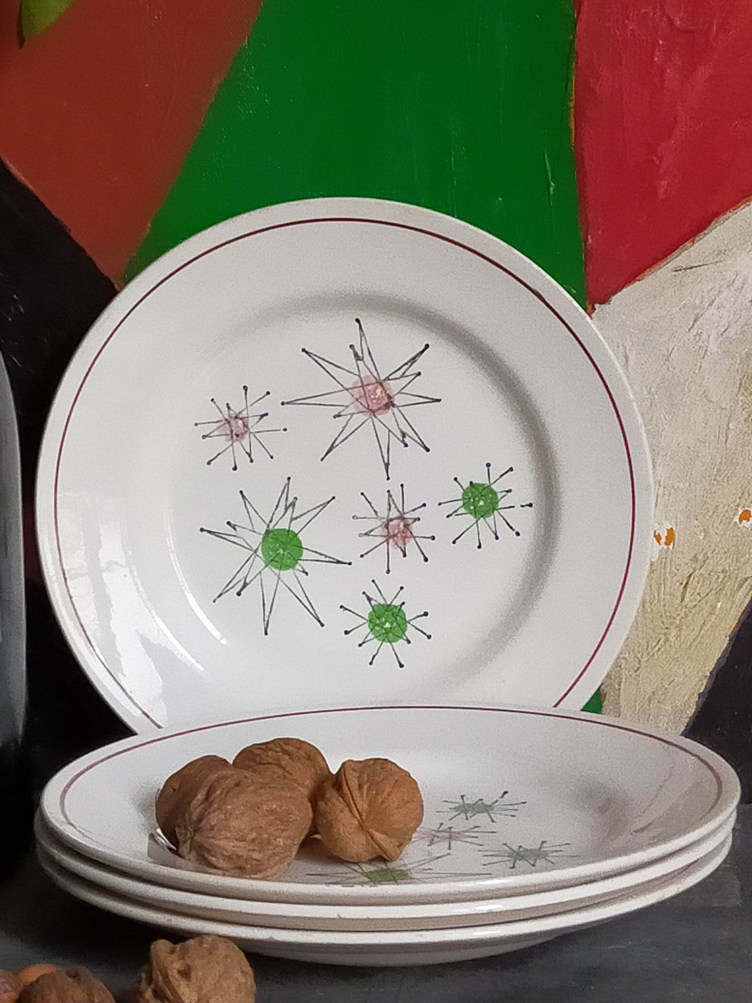 Four french earthenware dessert plates service "Marie-Claude" 50s.