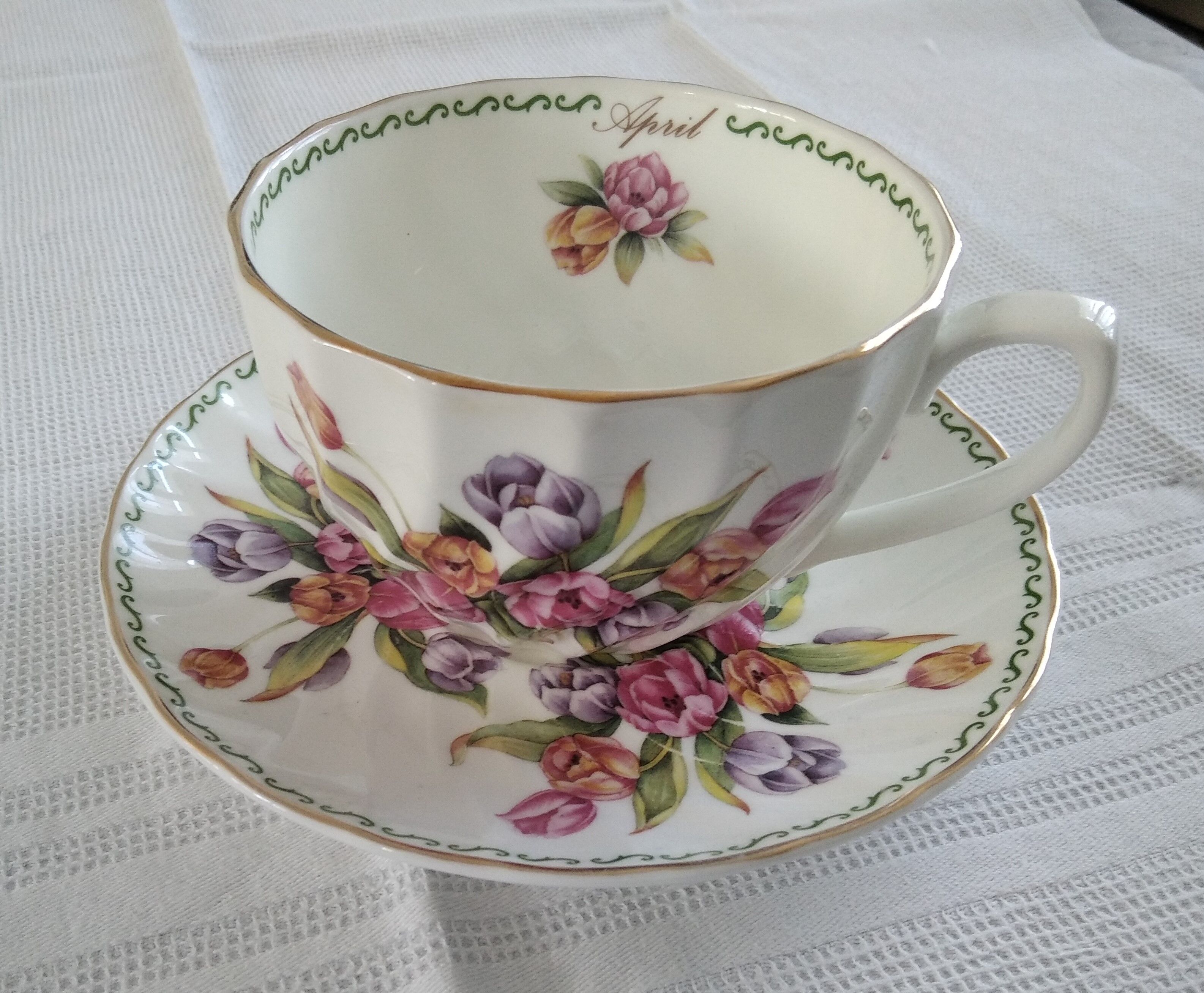 Large April tea cup and Windsor English porcelain saucer