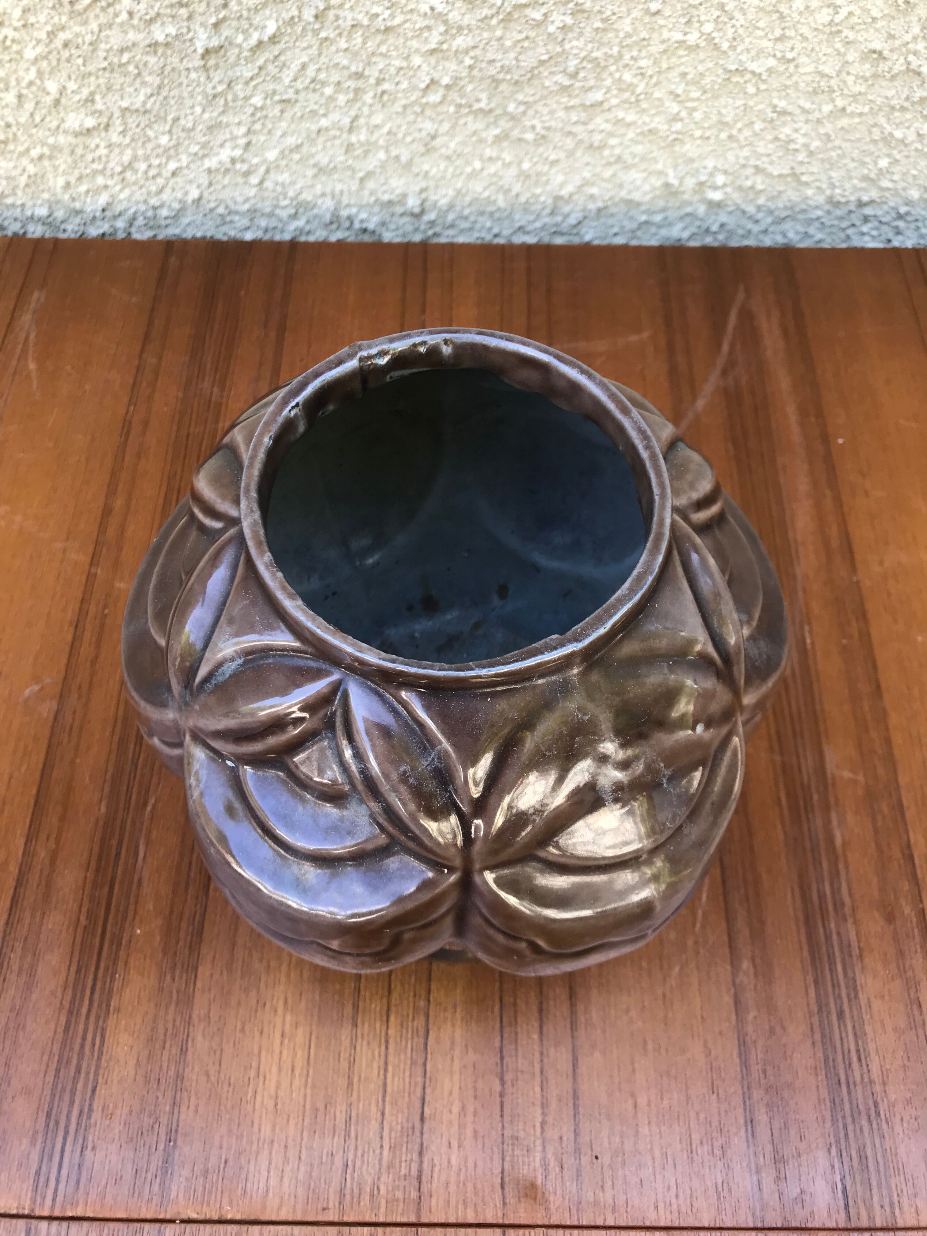 Old pot art deco plants fonte enamel brown