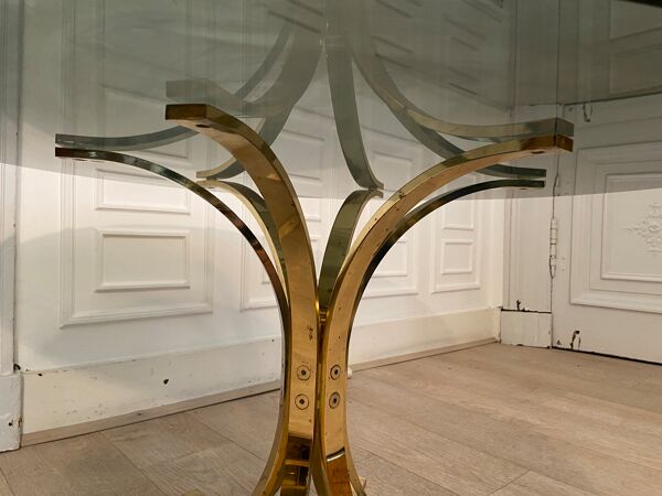 Table basse laiton et verre fumé, 1970s