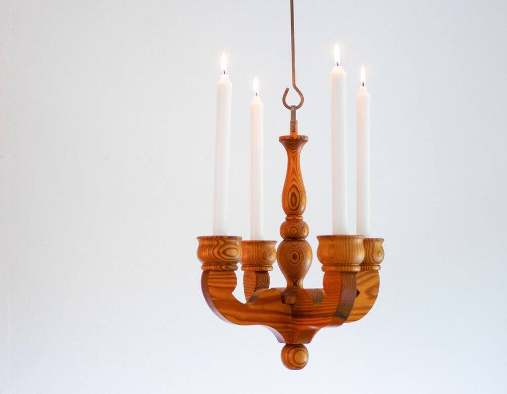 Rustic wooden pendant chandelier candleholder from Smålandsslöjd, Sweden, 1975