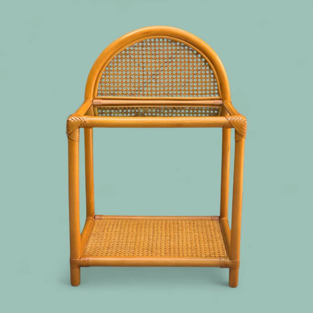 Chest of drawers and bedside table in rattan cane and oak, vintage 1970s