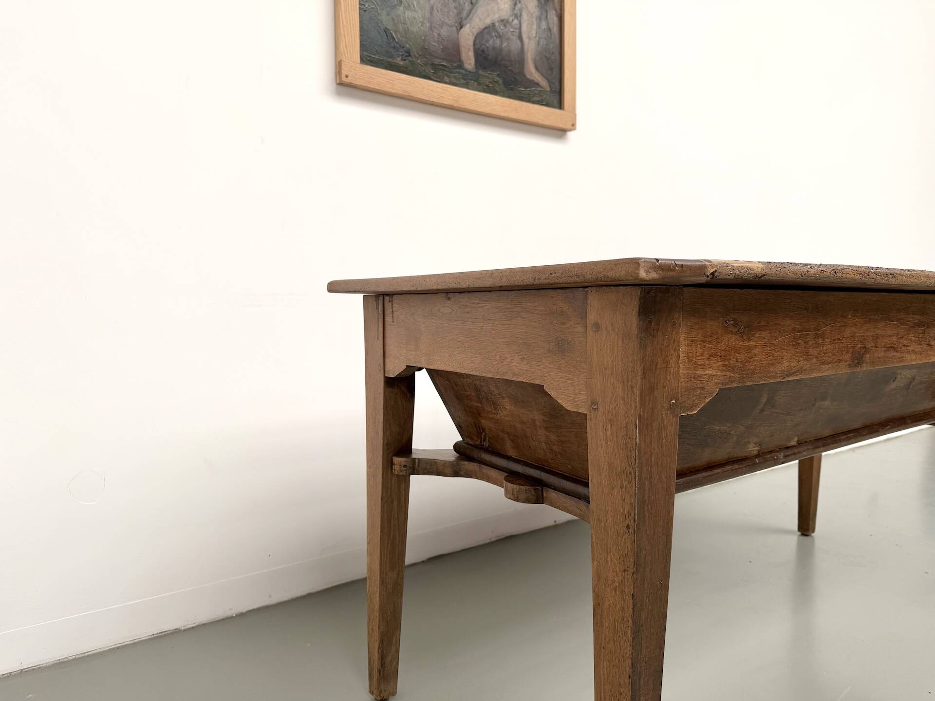 Farm table, old solid oak dough trough, France, around 1920.