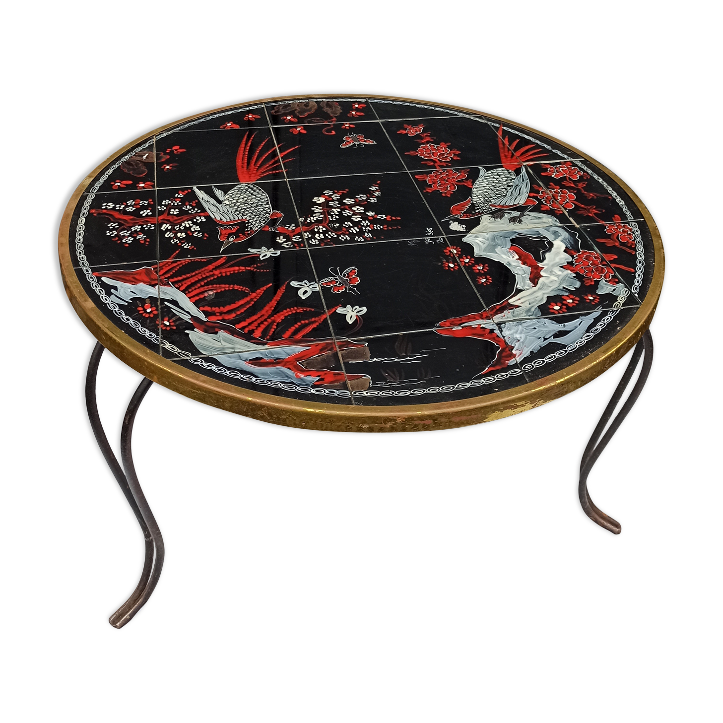 Table basse ronde décor japonisant oiseau fleurs