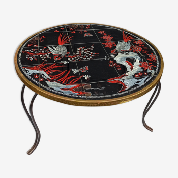 Table basse ronde décor japonisant oiseau fleurs