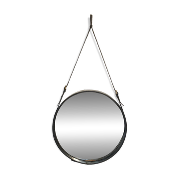 Jacques Adnet miroir circulaire cuir et laiton