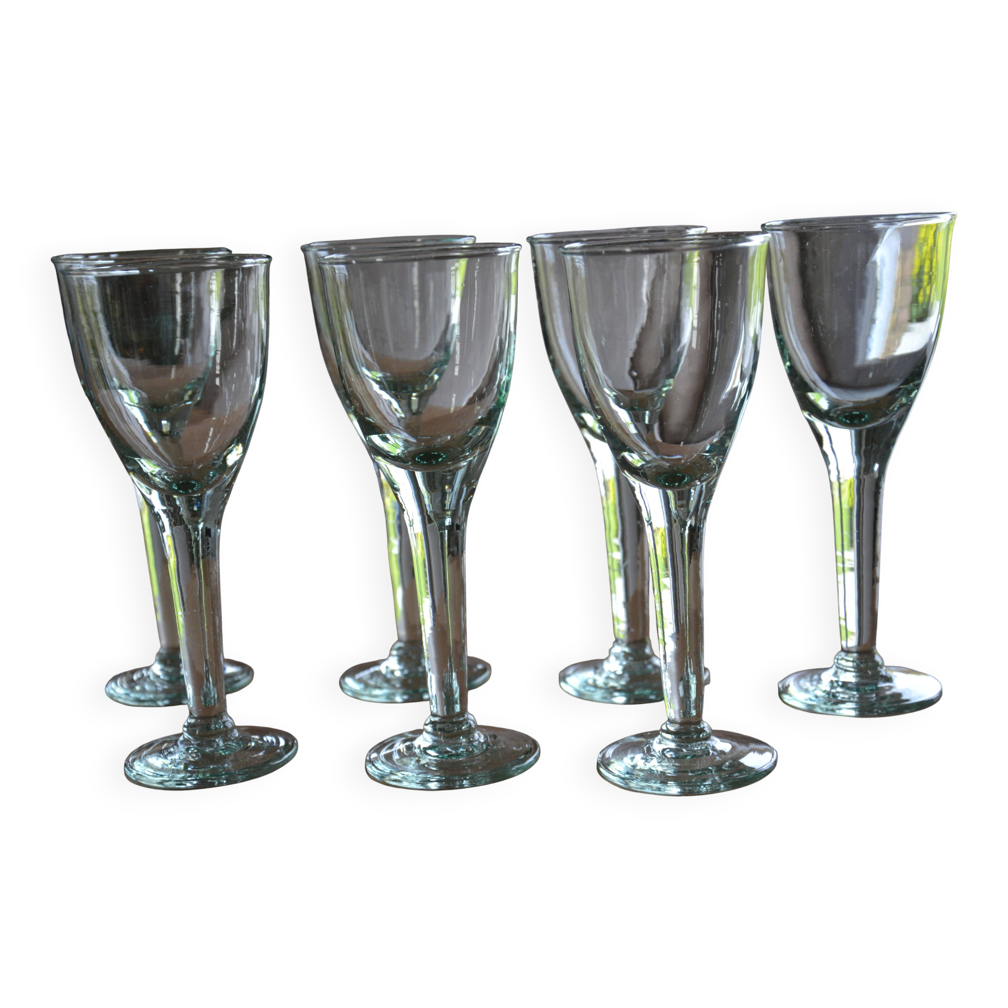 7 green blown glass bubble wine glasses