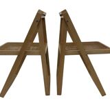 set of four mid century modern folding chairs, wood and webbing chair, italy 1970s design