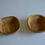 2 rattan/wicker and brass bowls/baskets