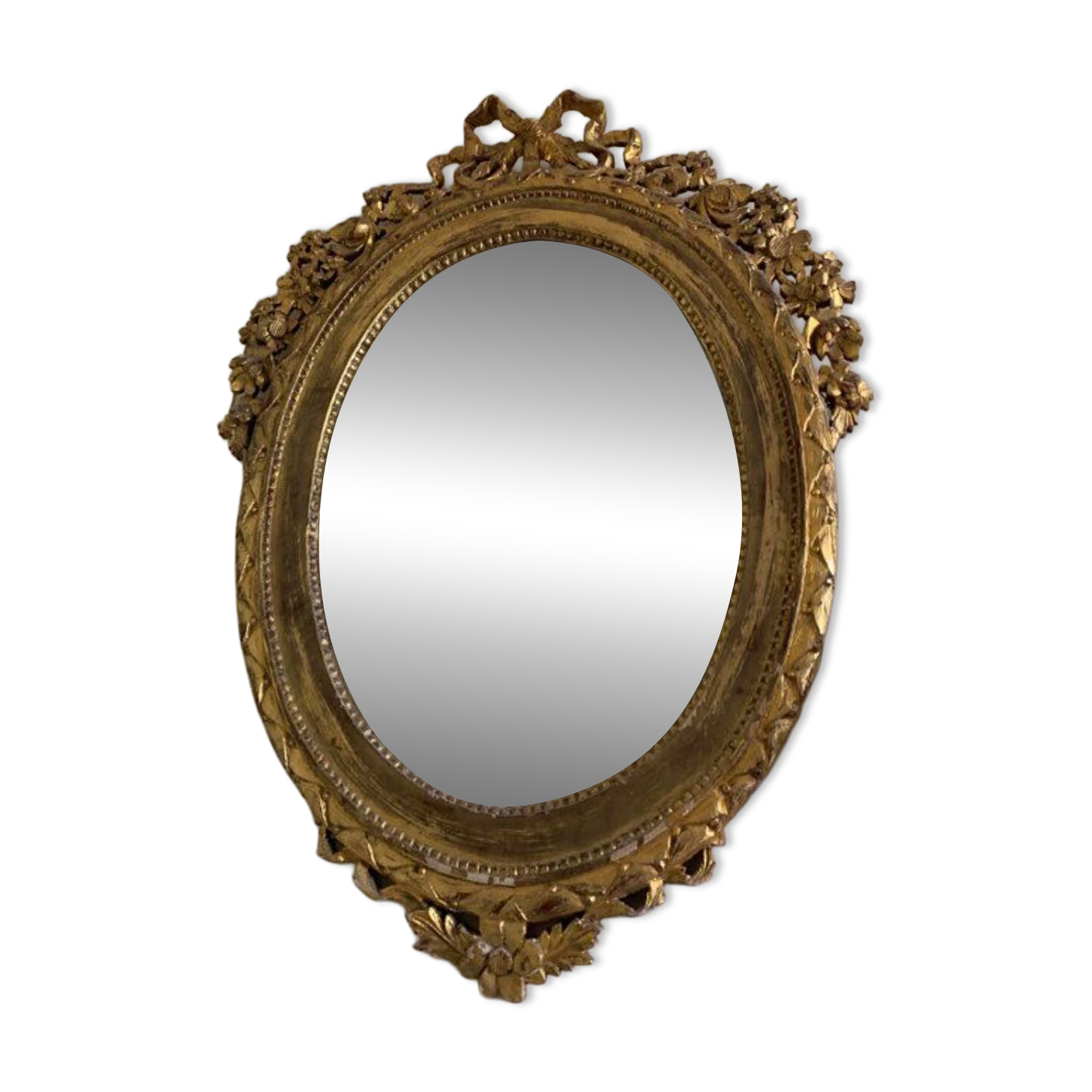 Antique oval mirror with gold leaf – Pediment with bow & floral motifs style