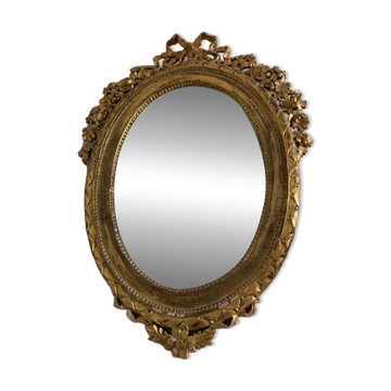 Miroir ovale ancien à la feuille d'or – Fronton nœud & motifs floraux style