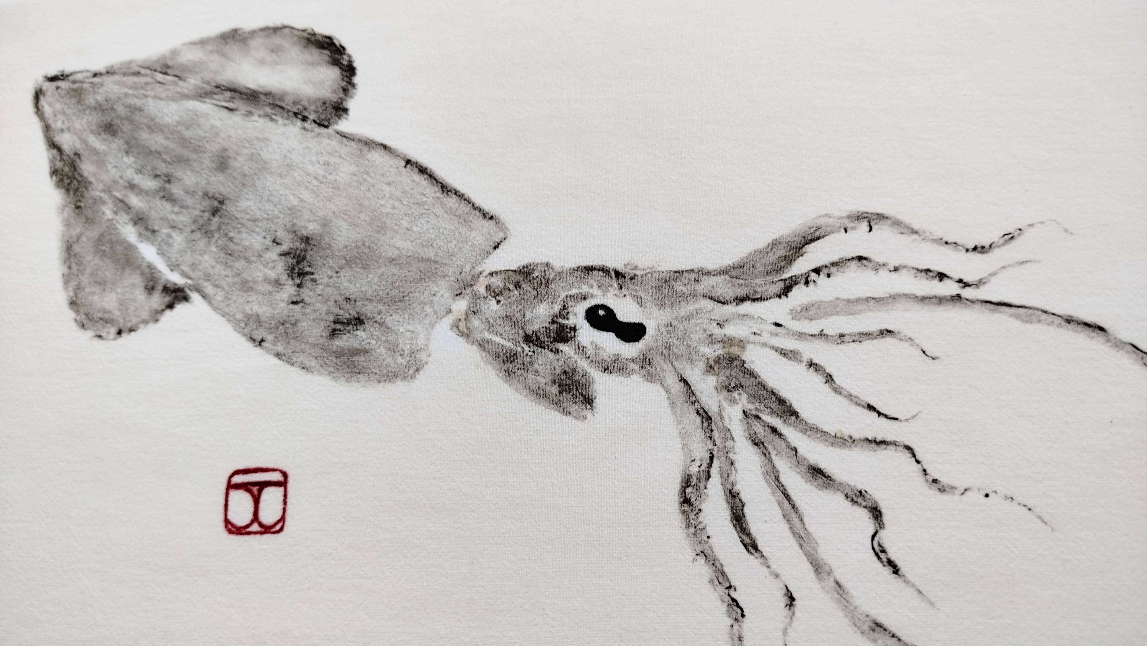 Original print of a squid, framed painting