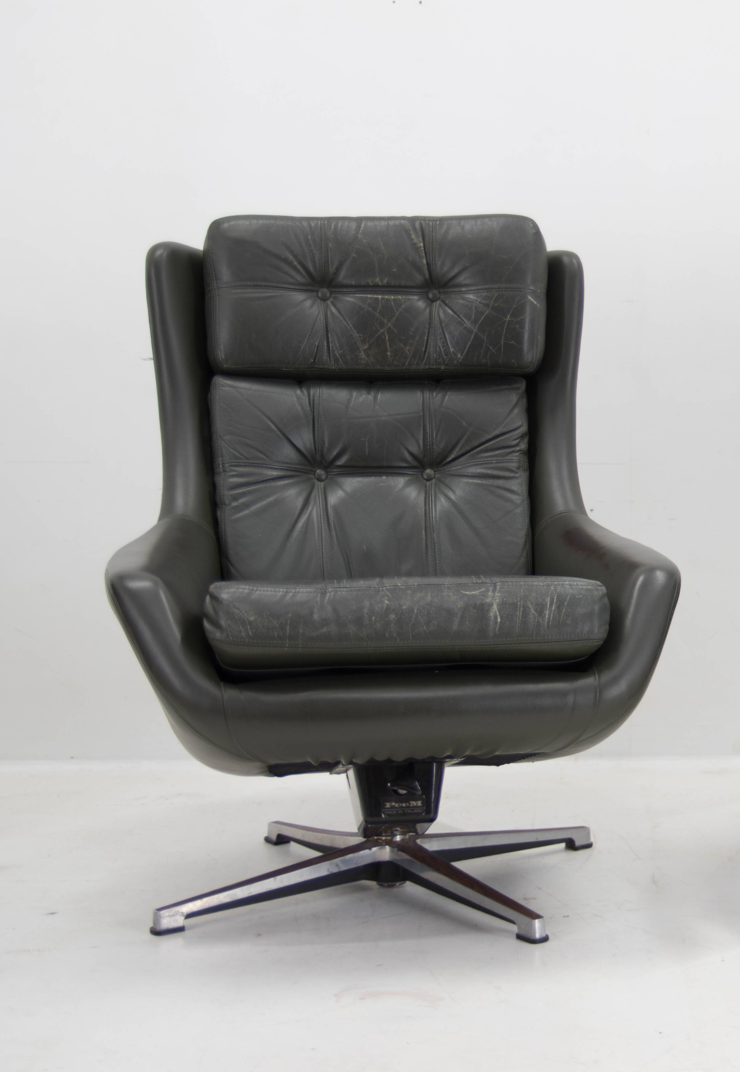 Midcentury Swivel Rocking Leather Armchair, Peem, Finland, 1970s