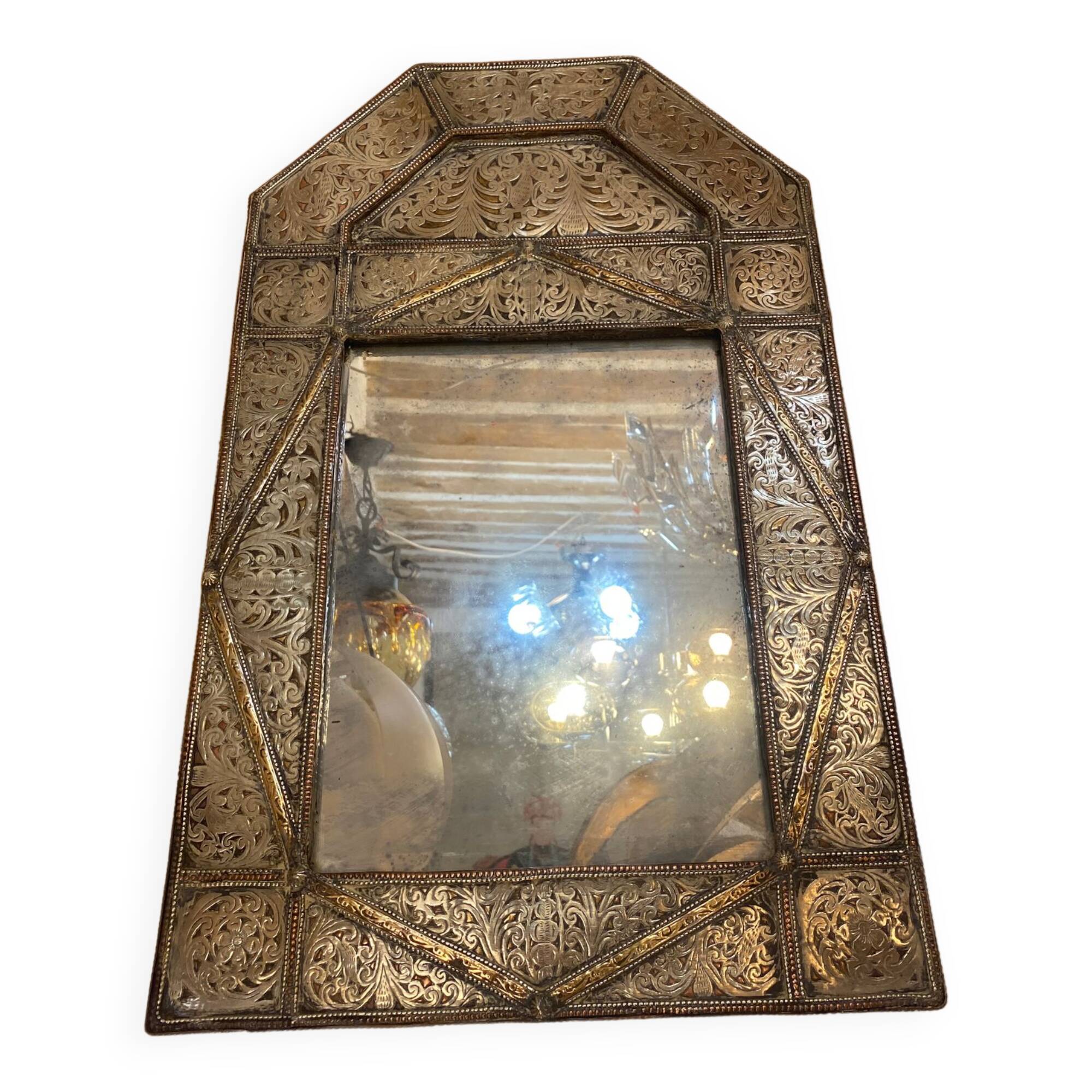 Mirror in silver metal and brass