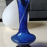 Long flared neck ball vase. Smoked scrolls in cobalt blue art glass, 30cm