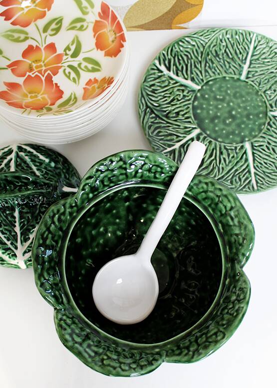 Soup tureen and green cabbage plate