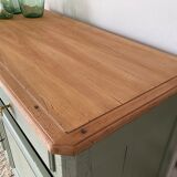 Pastel green low buffet, raw wood tray
