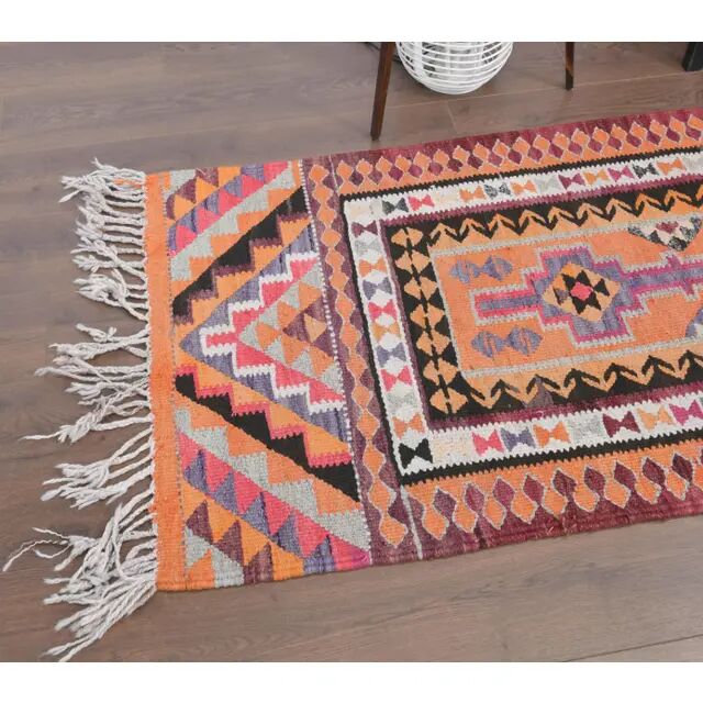1970s Vintage Turkish Hand-Knotted Wool Cotton Orange Runner Rug 86x326