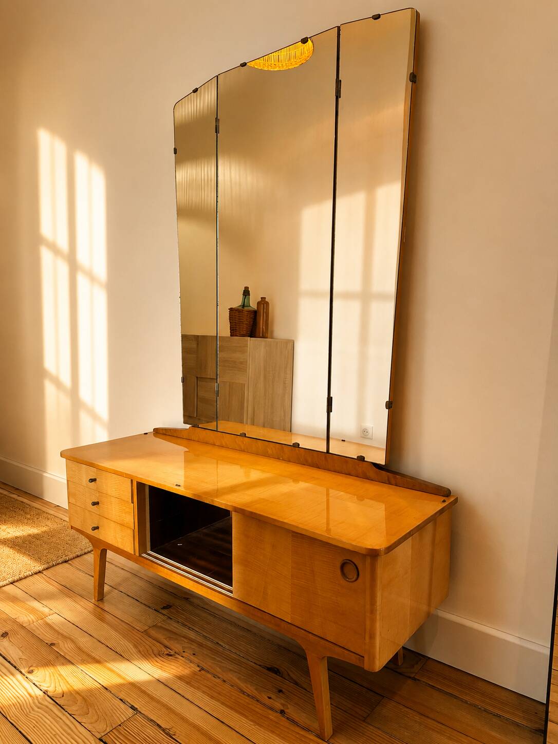 Coiffeuse vintage - mid century années 50 en sycomore ondé miroir triptyque