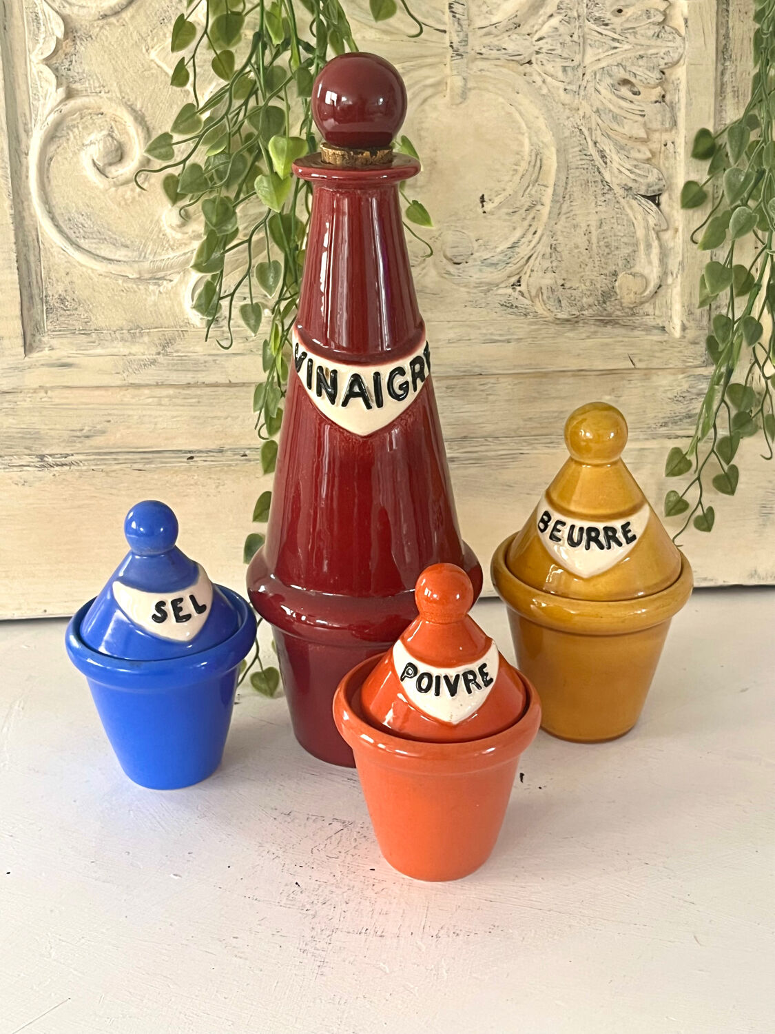 French 1950s ceramic vinaigrette set, Pol Chambost style