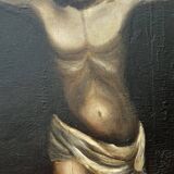 Beautiful religious work from the 17th century, oil on panel representing Christ on his cross with Mary Magdalene at his feet