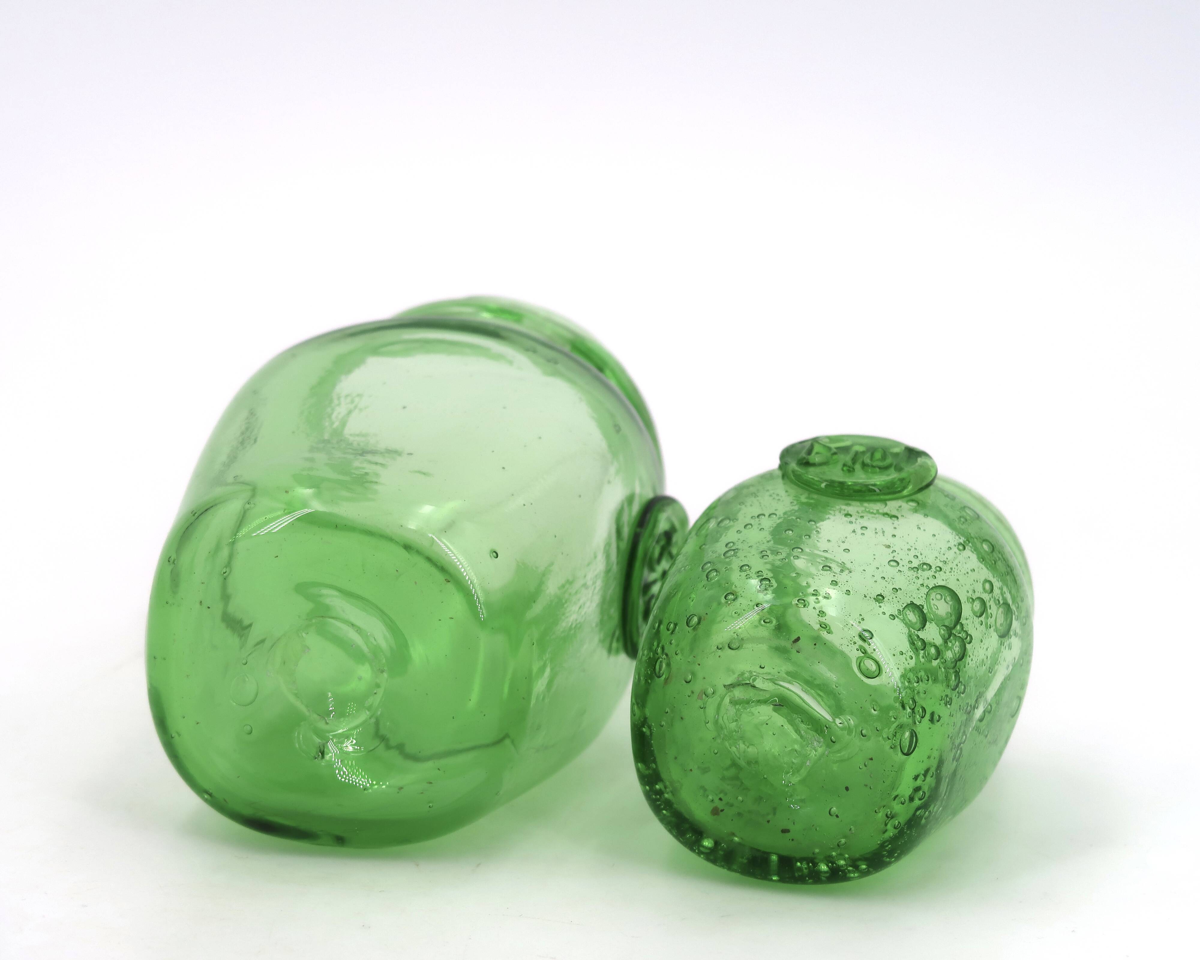 Two green bubble glass sweet jars from Biot, 1960s.